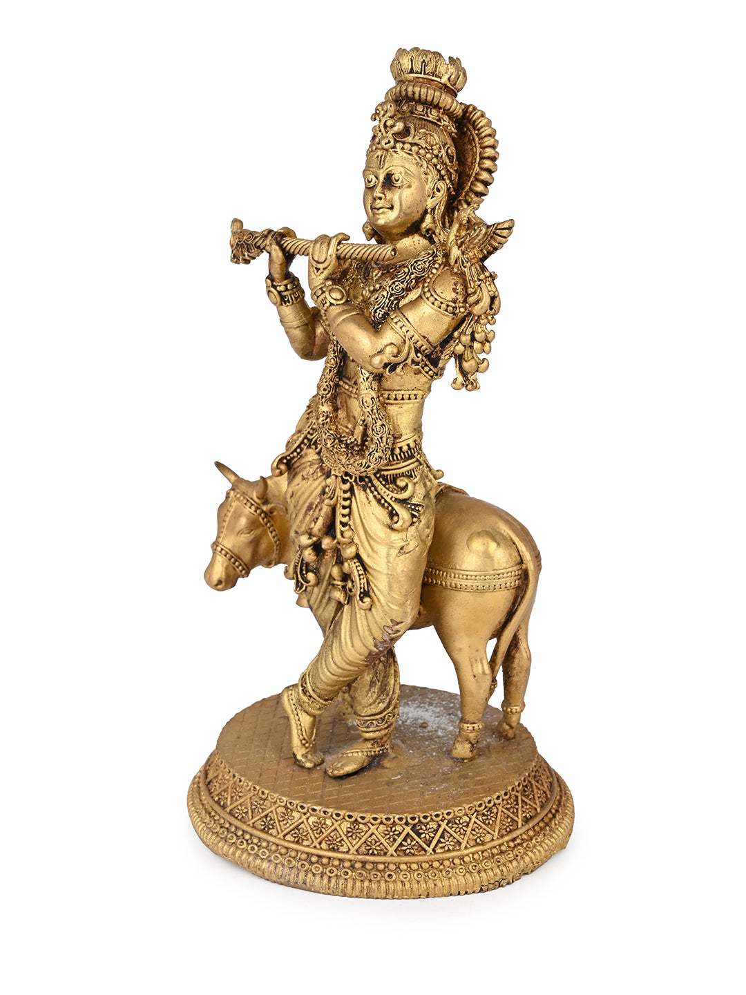 Brass crafted divine lord Krishna with cow and flute - 8 inches