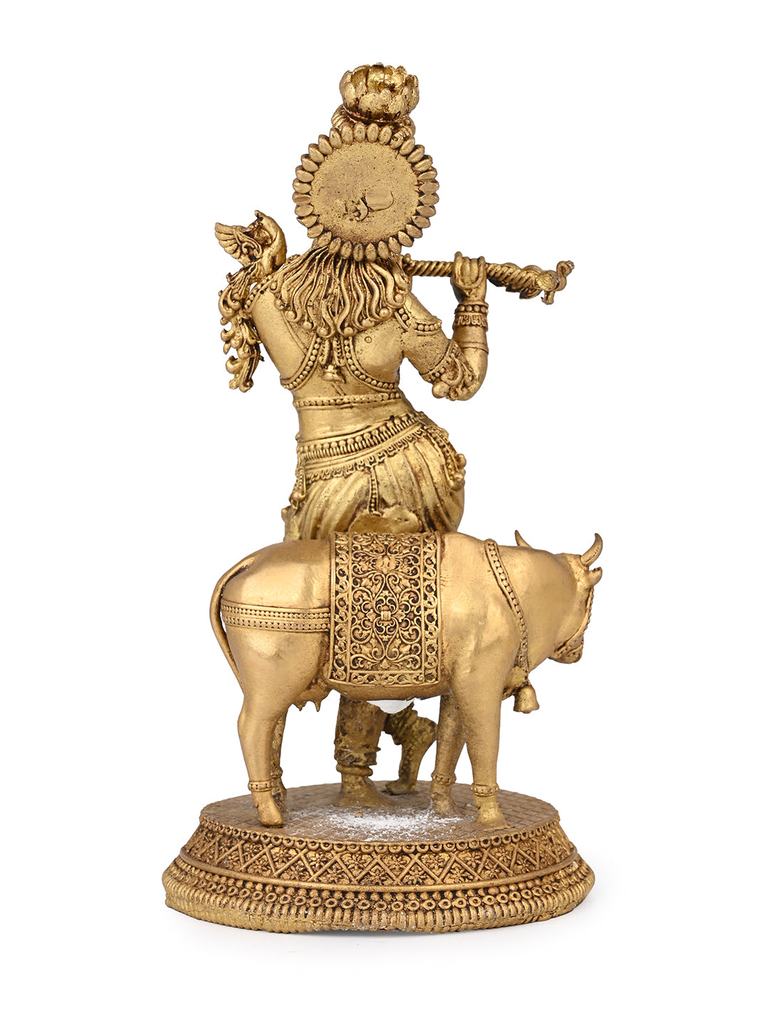 Brass crafted divine lord Krishna with cow and flute - 8 inches