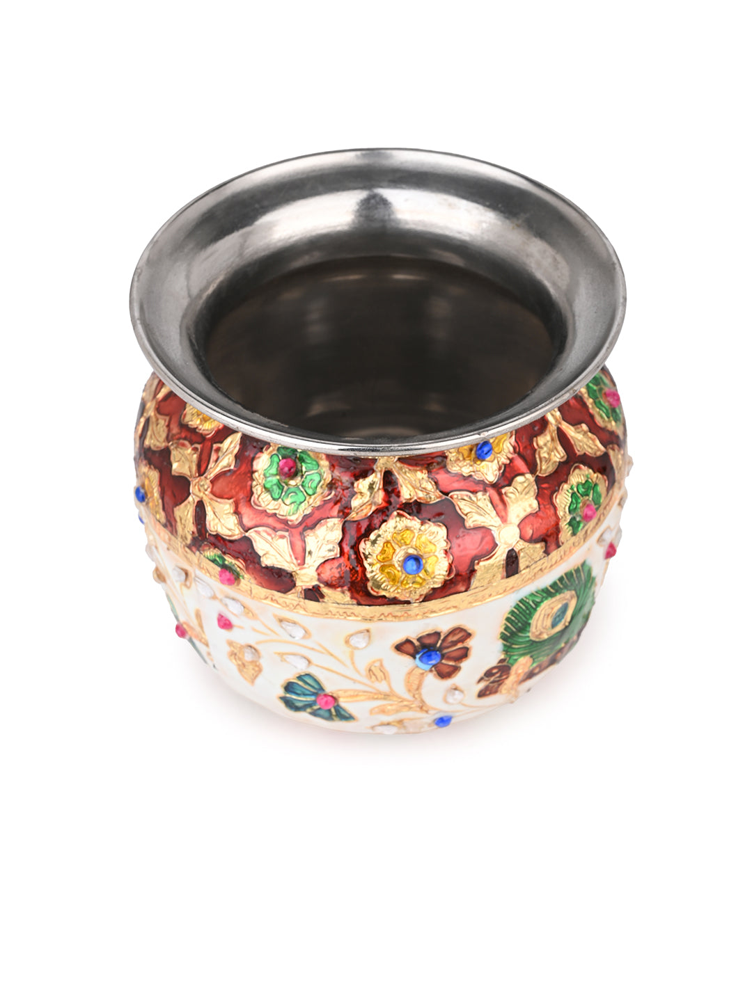 Stainless steel small lota / kalash with colorful meenakari work - 5 inches