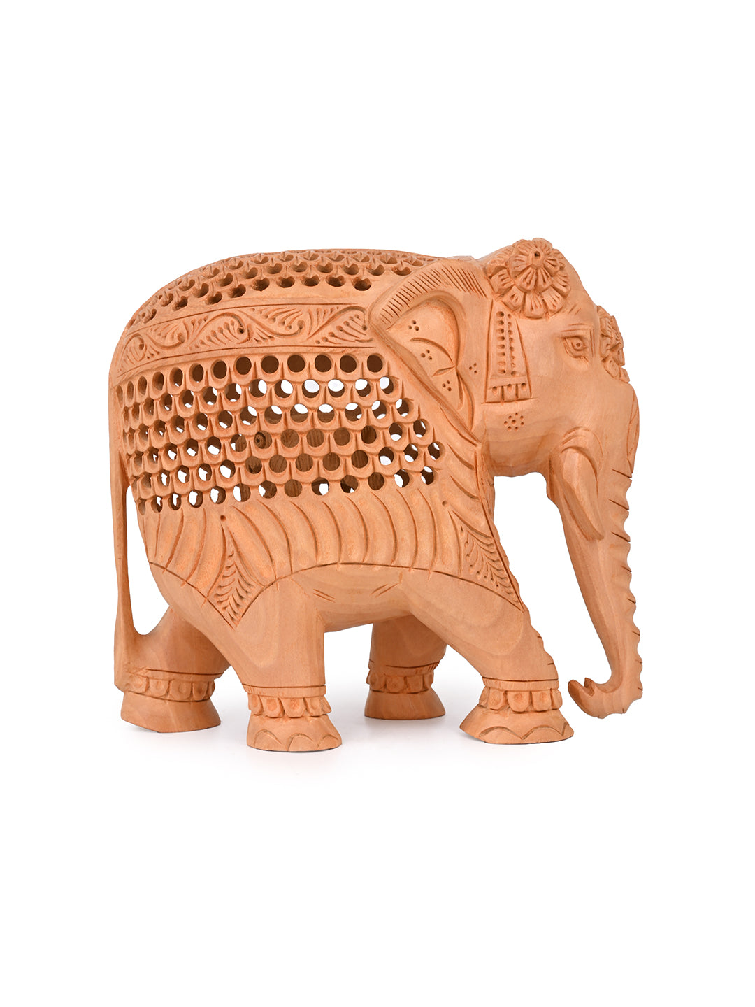 Kadam wood intricately carved elephant, trunk down - 7 inches