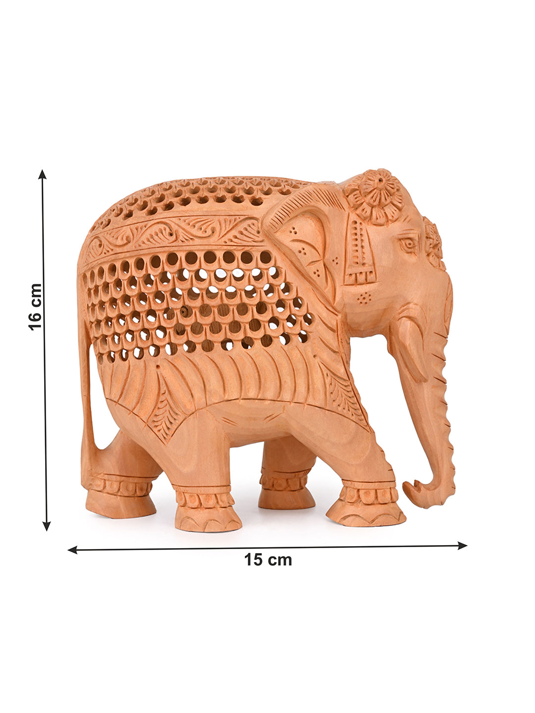 Kadam wood intricately carved elephant, trunk down - 7 inches