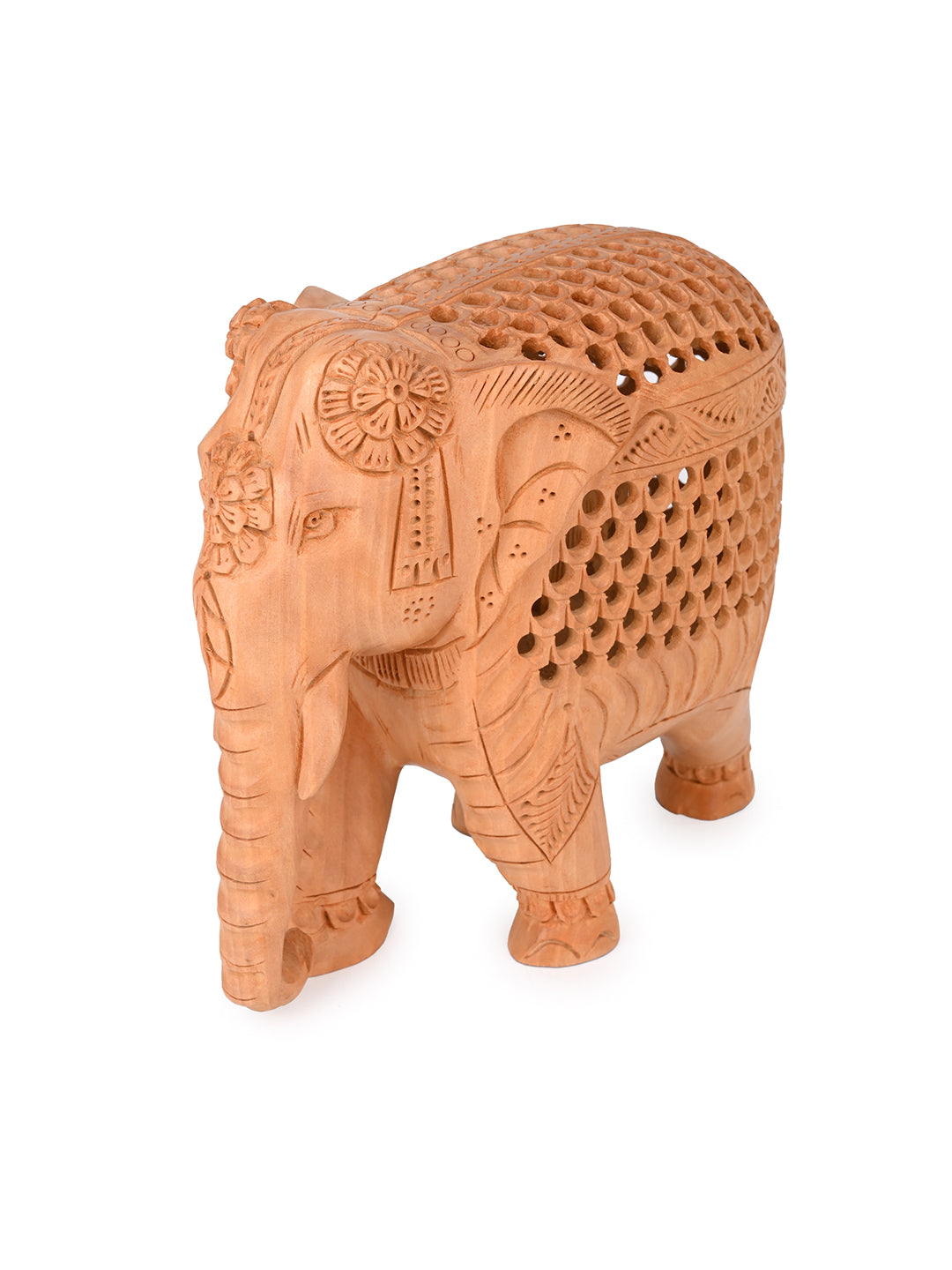 Kadam wood intricately carved elephant, trunk down - 7 inches