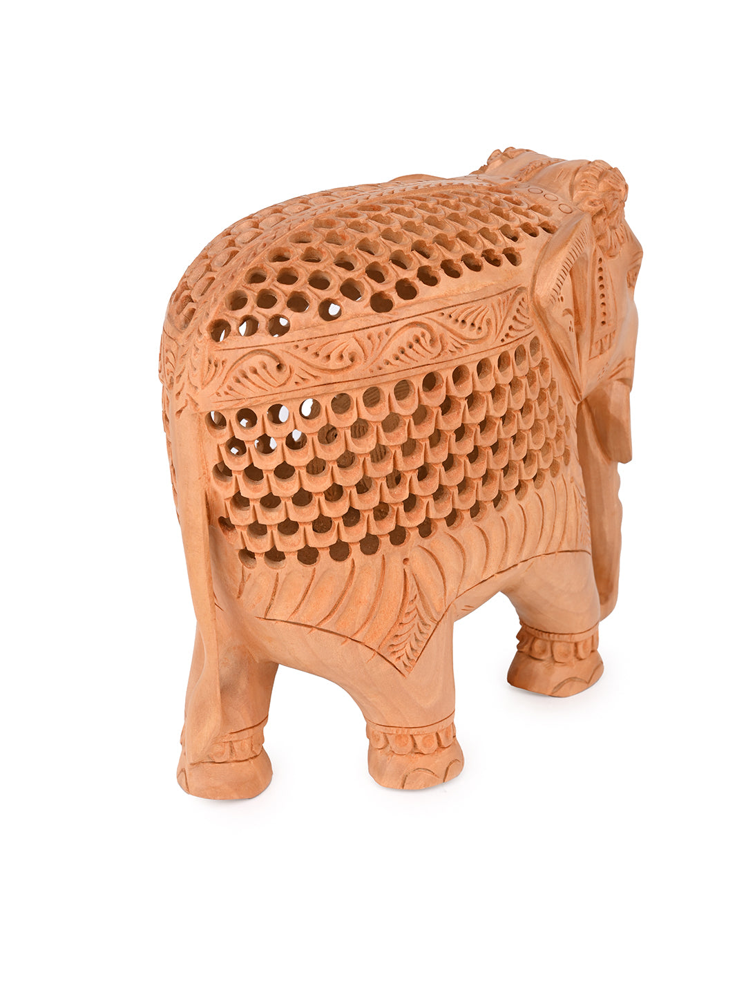 Kadam wood intricately carved elephant, trunk down - 7 inches