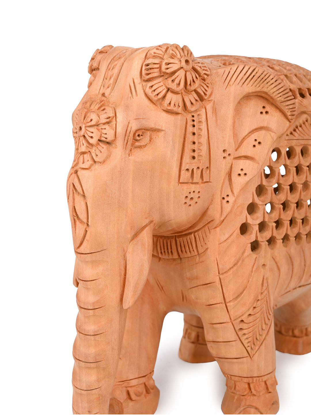 Kadam wood intricately carved elephant, trunk down - 7 inches