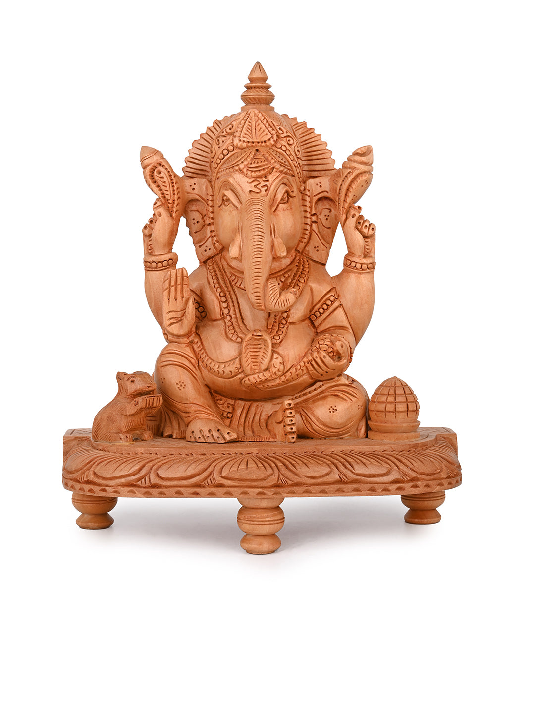 Kadam wood carved ganeshji sitting in a chowki - 10 inches