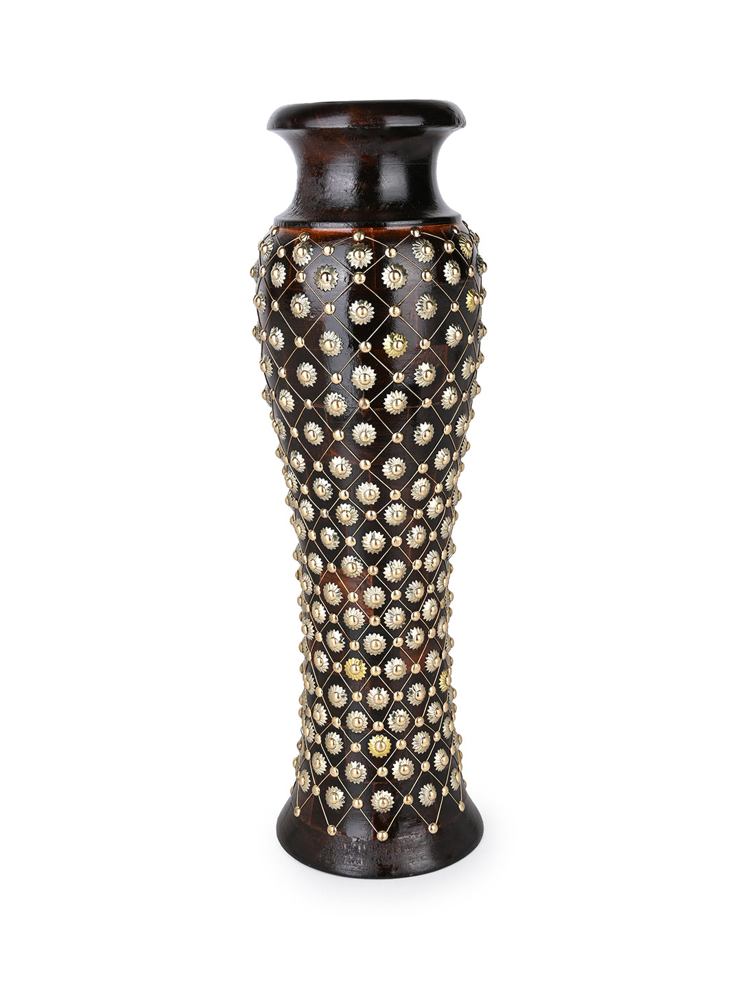 Sheesham wood carved tall flower vase with complete brass work - 24 inches