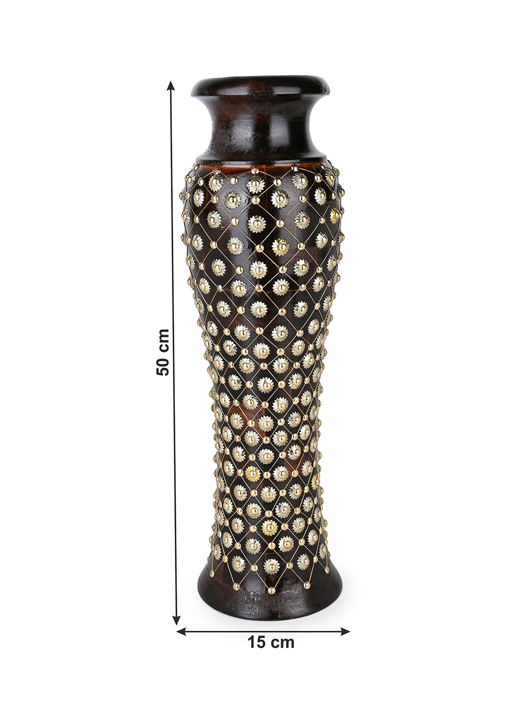 Sheesham wood carved tall flower vase with complete brass work - 24 inches