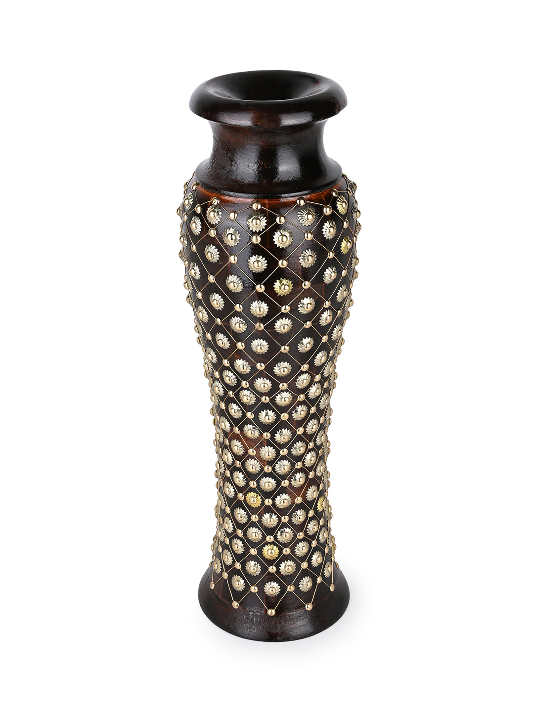 Sheesham wood carved tall flower vase with complete brass work - 24 inches