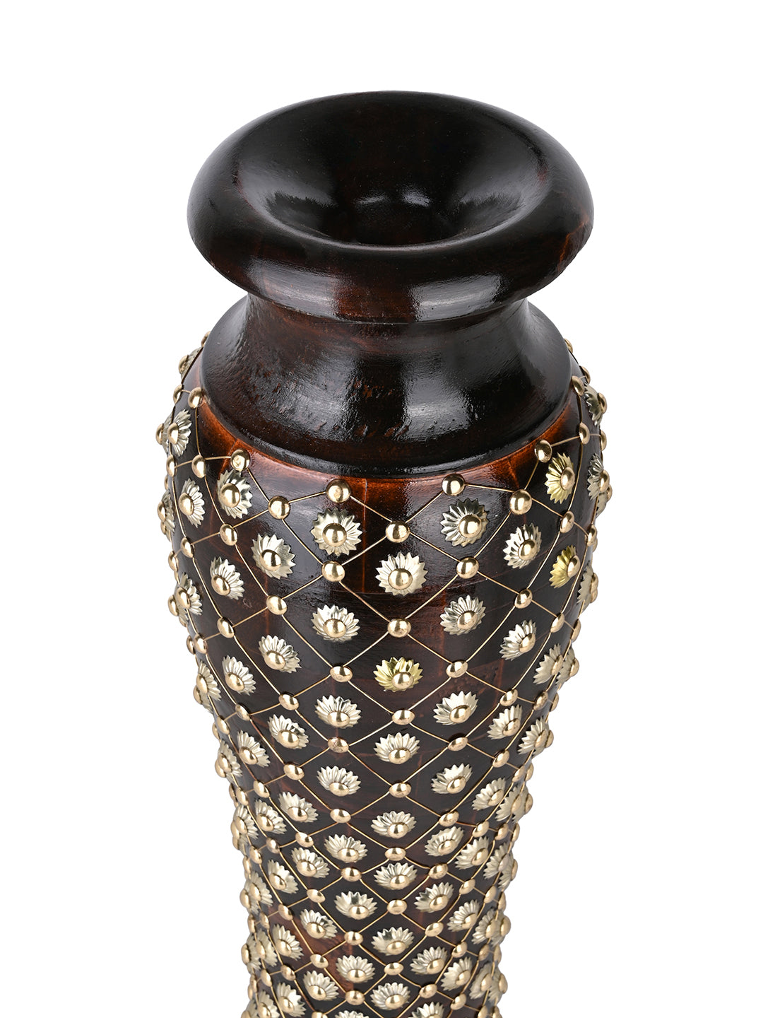Sheesham wood carved tall flower vase with complete brass work - 24 inches