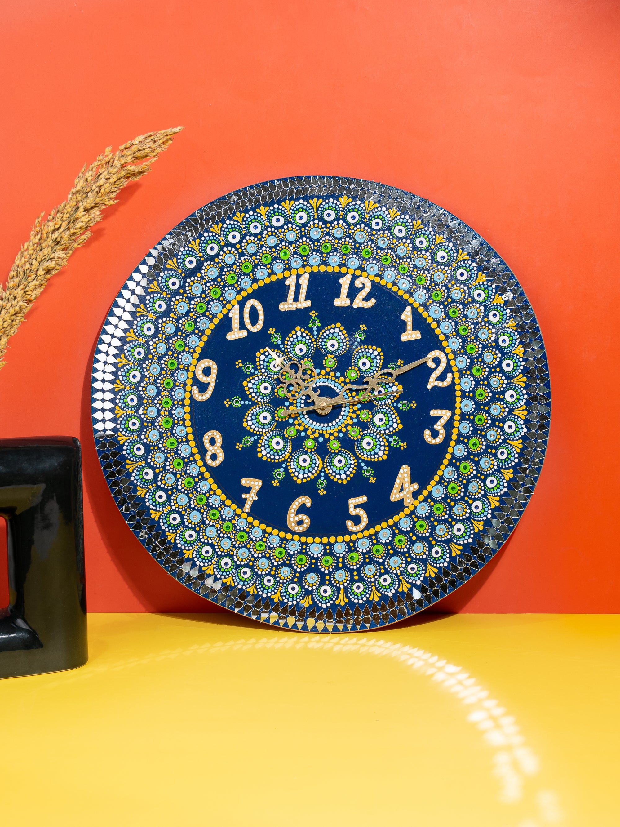 Exclusively Hand Painted Blue Peacock Design Mandala art Wall clock - 15 inches