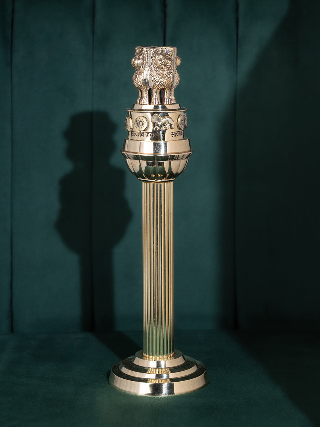 Brass crafted shining Ashoka pillar for office table decor - 11 inches