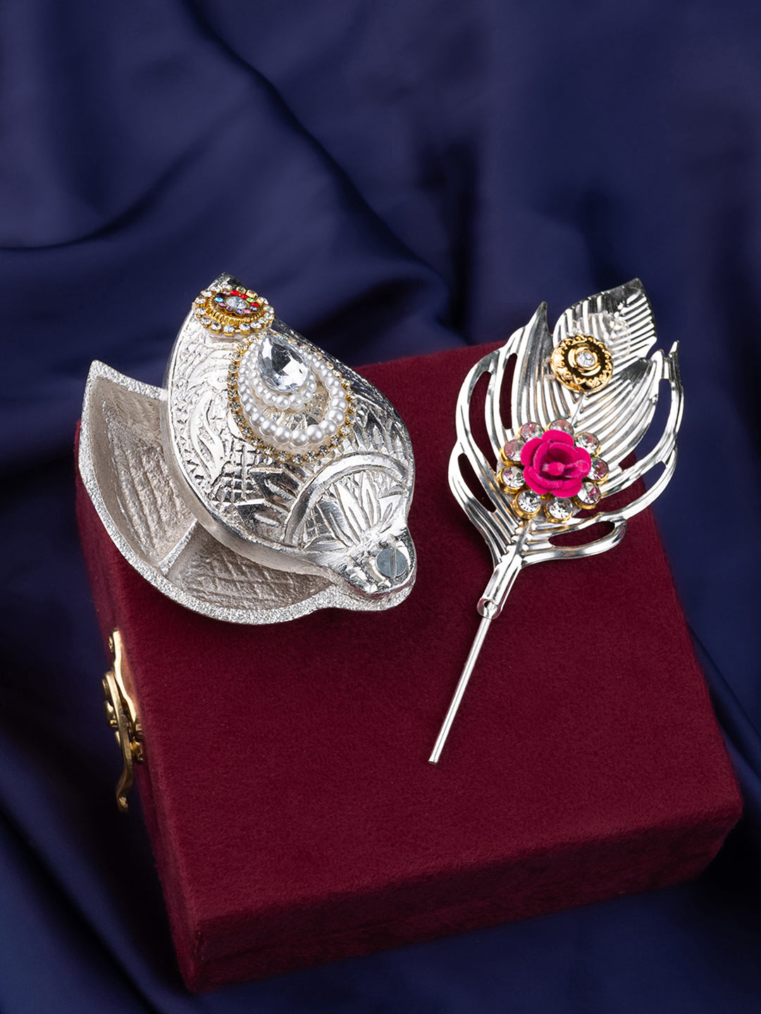 Peacock design tilak stick with sindoor box in a velvet gift box