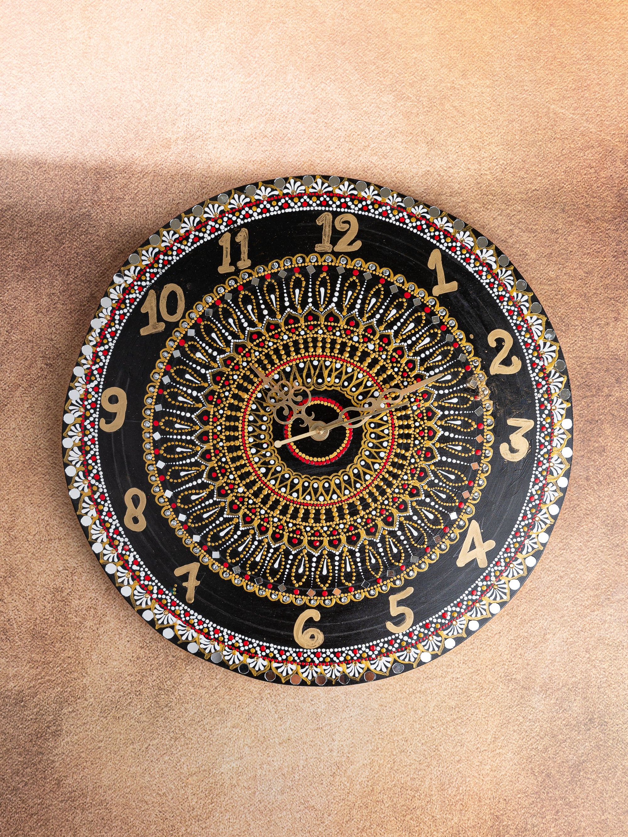 Exclusively Hand Painted Black and Gold Design Mandala art Wall clock - 15 inches