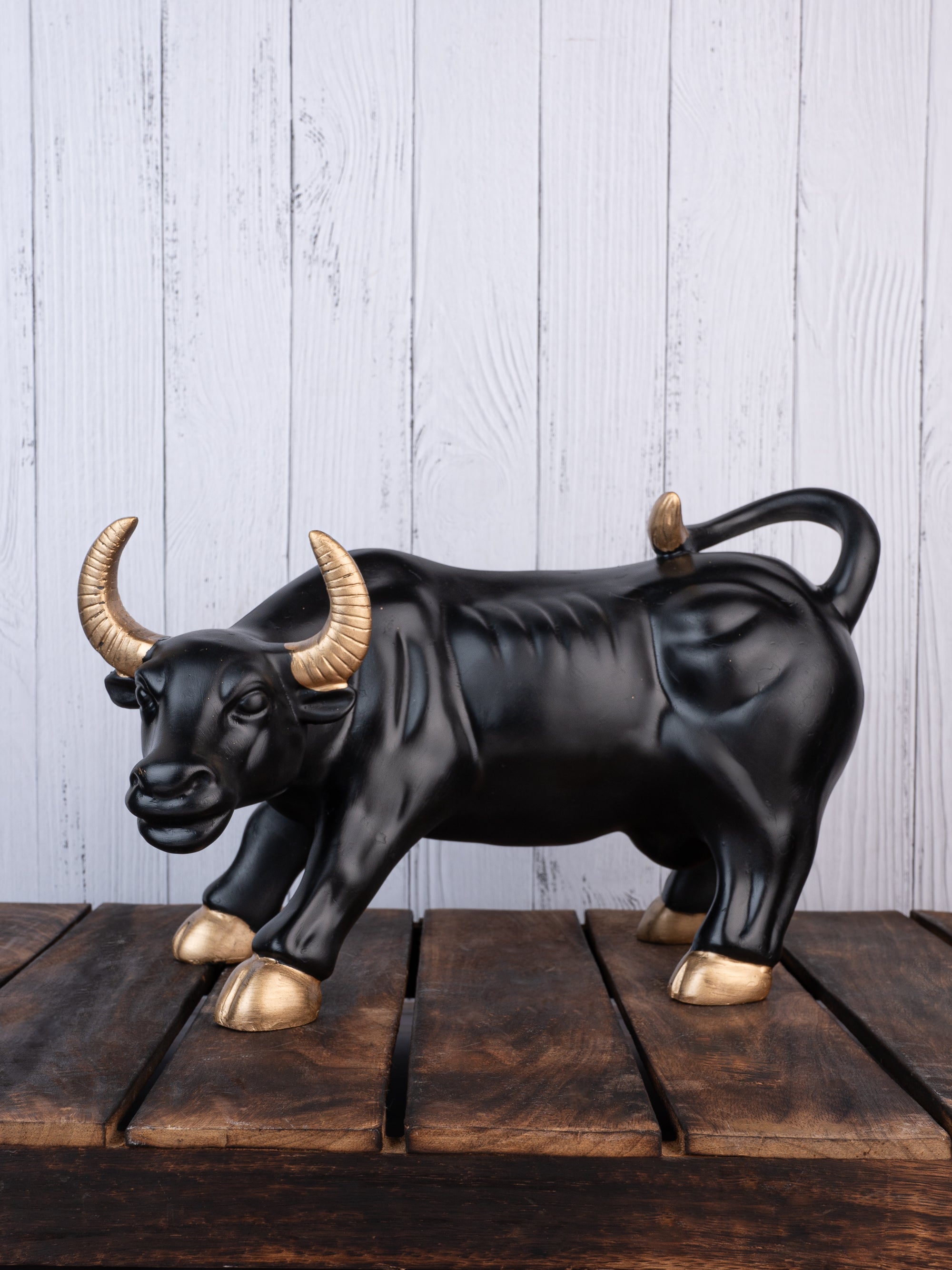 Resin Crafted Charging Black Bull Home Decor Showpiece - 12 inches