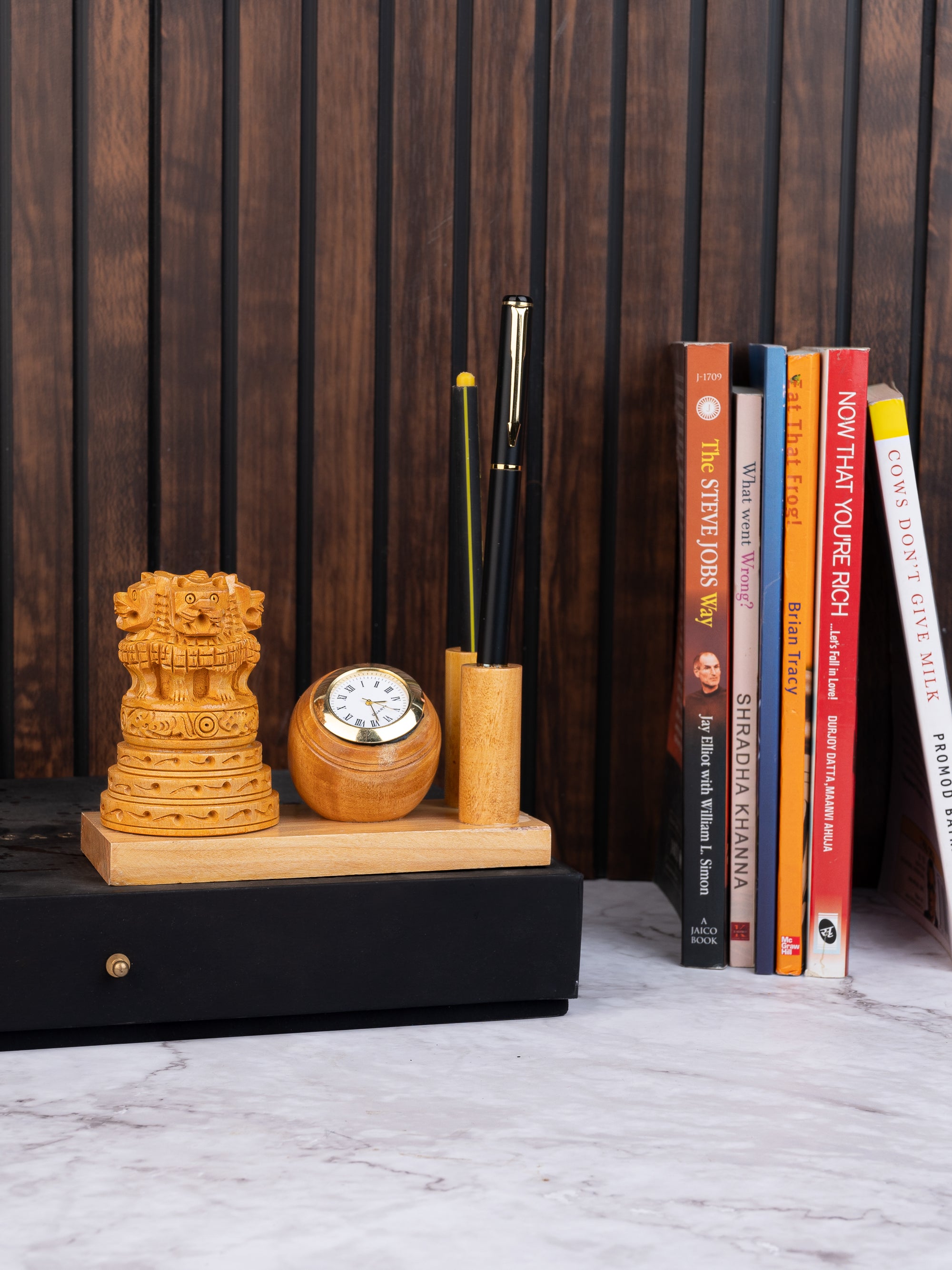 Kadam Wood Carved Ashoka Pen Holder with Round Clock