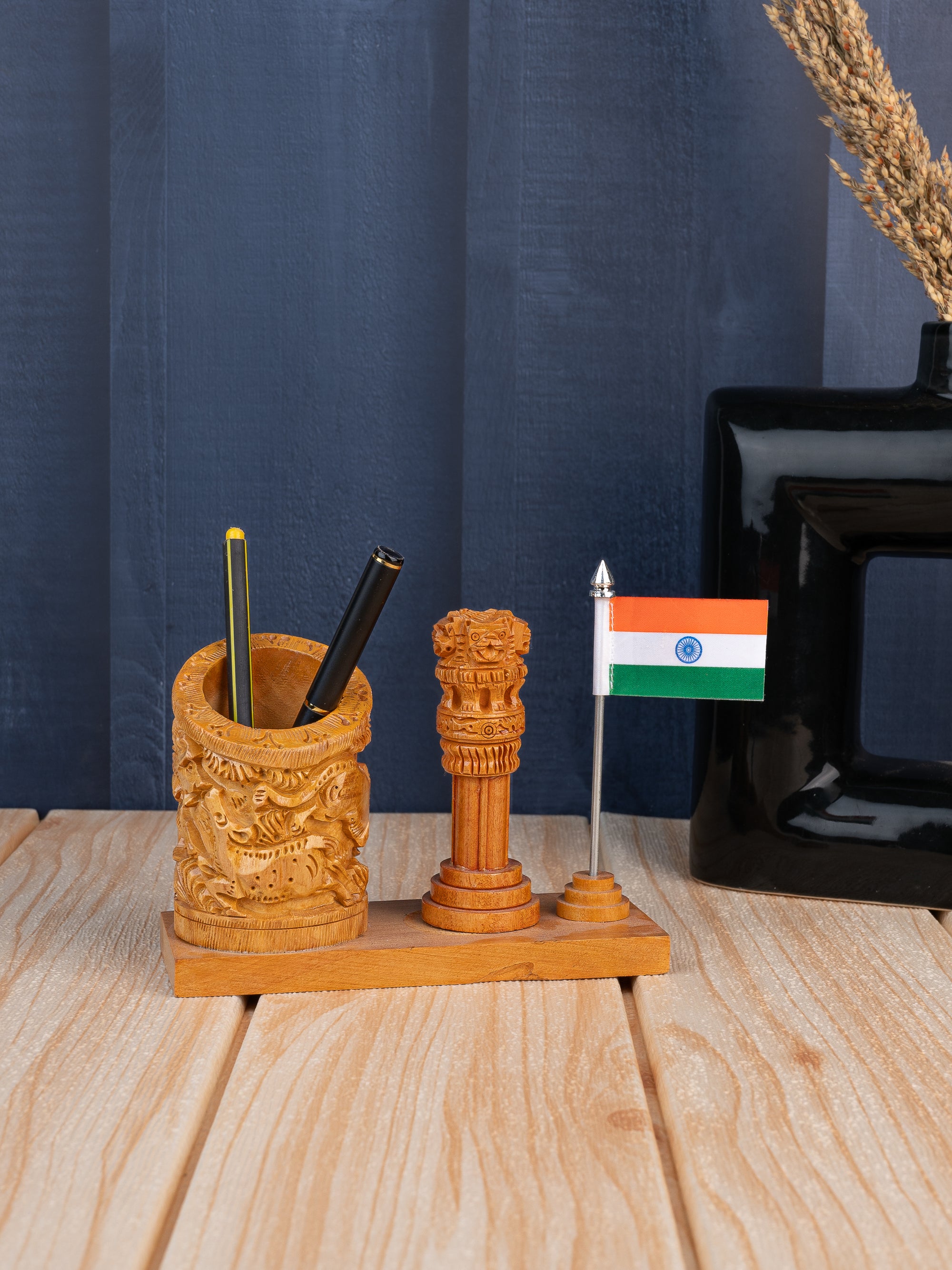 Wild animals Carved Pen holder with Ashoka pillar and National flag made of Kadam wood
