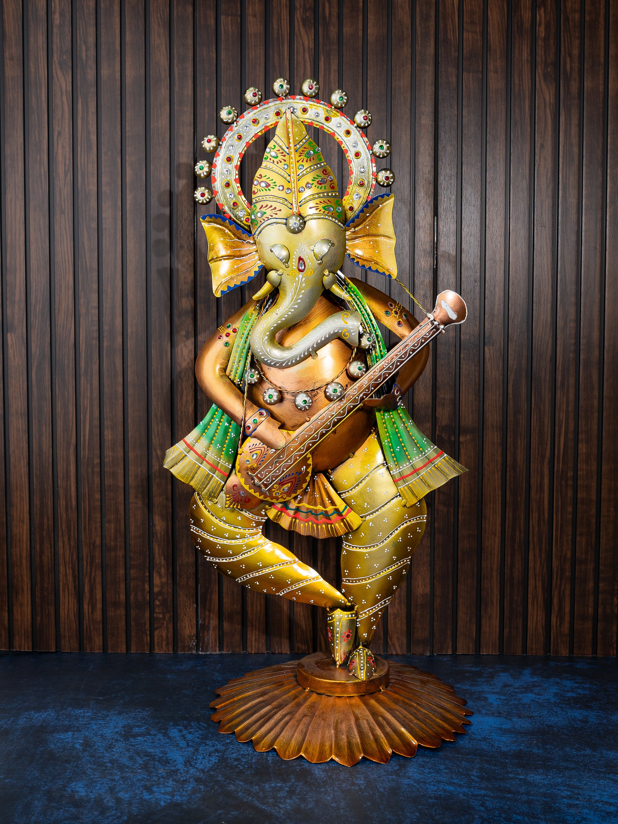 Standing Lord Ganesh with Sitar -  Metal Figurine - 2 feet height