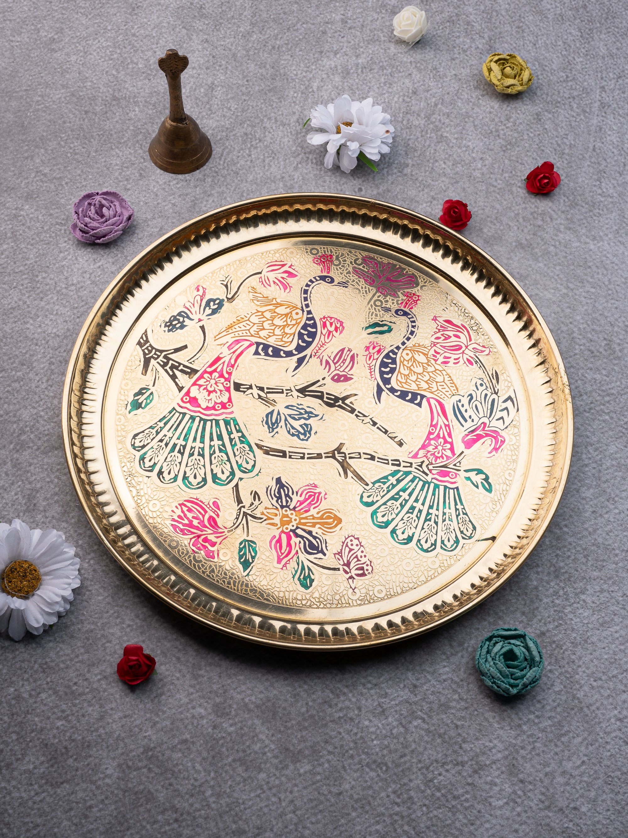 Handcrafted Brass Plate with Colorful Peacock Design - 10 inches