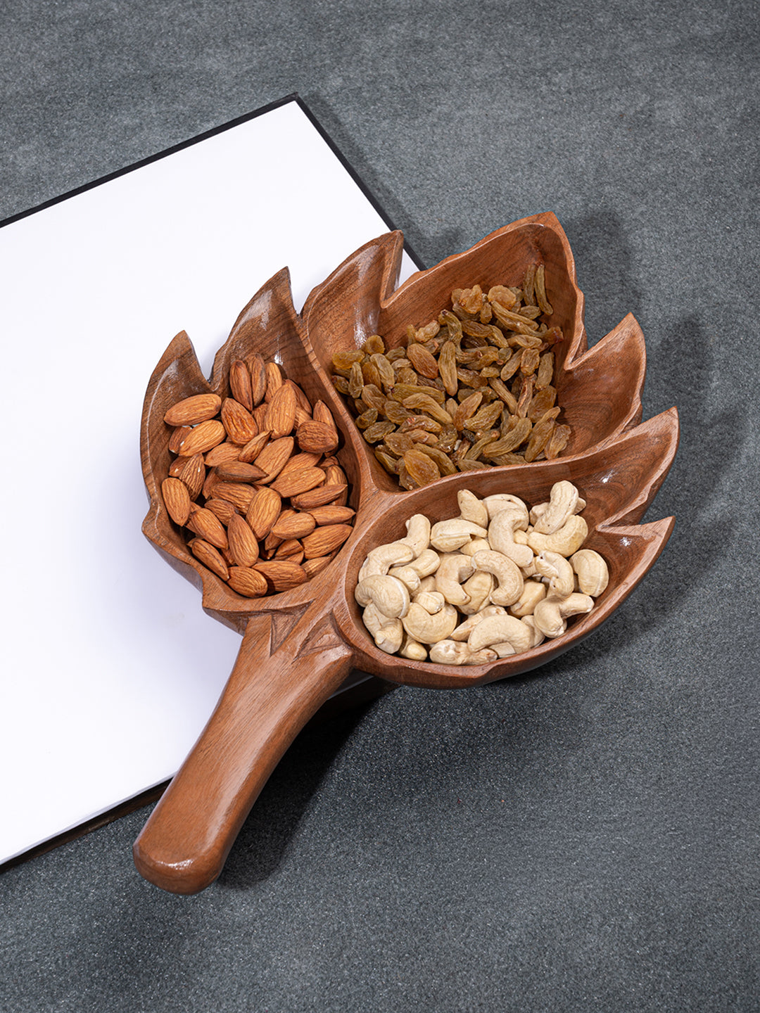 Walnut wood carved chinar leaf design bowl for dry fruits and candy - 14 inches