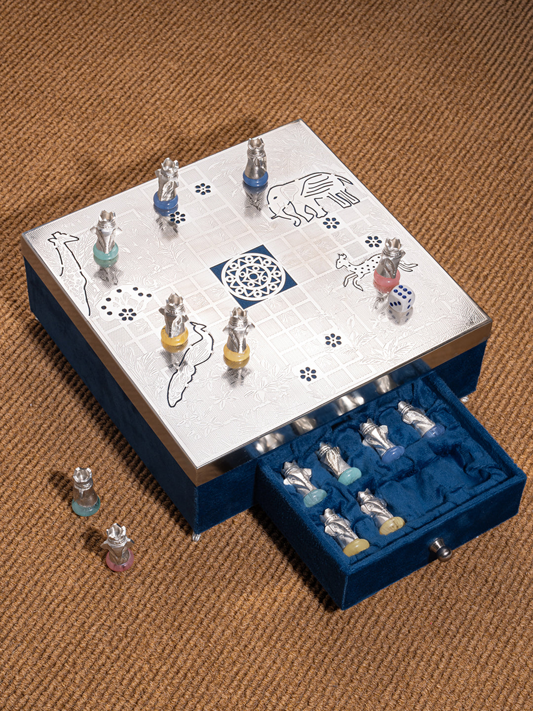 Modern unique Ludo in a wooden box with stainless steel board - 12 inches