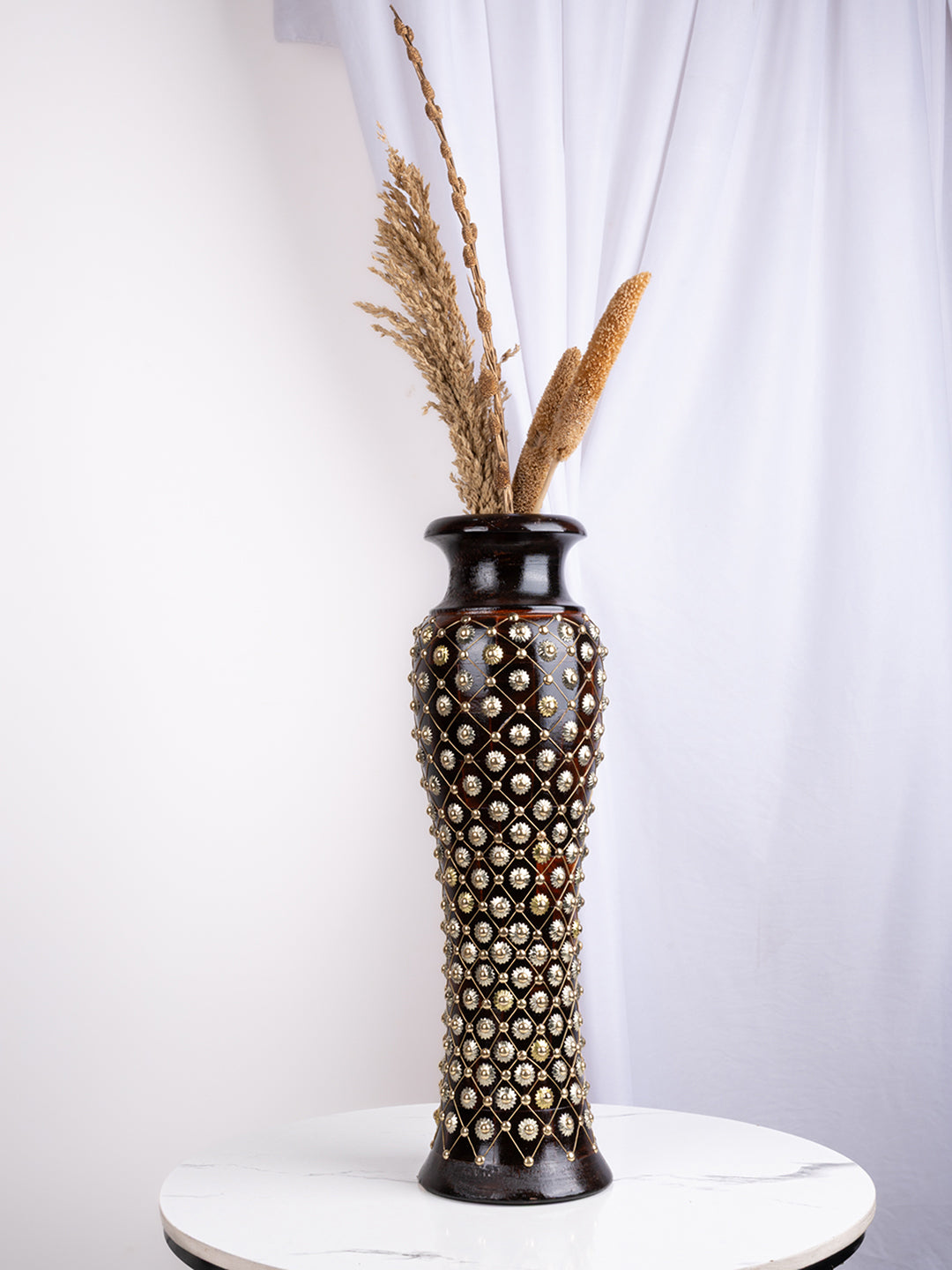 Sheesham wood carved tall flower vase with complete brass work - 24 inches
