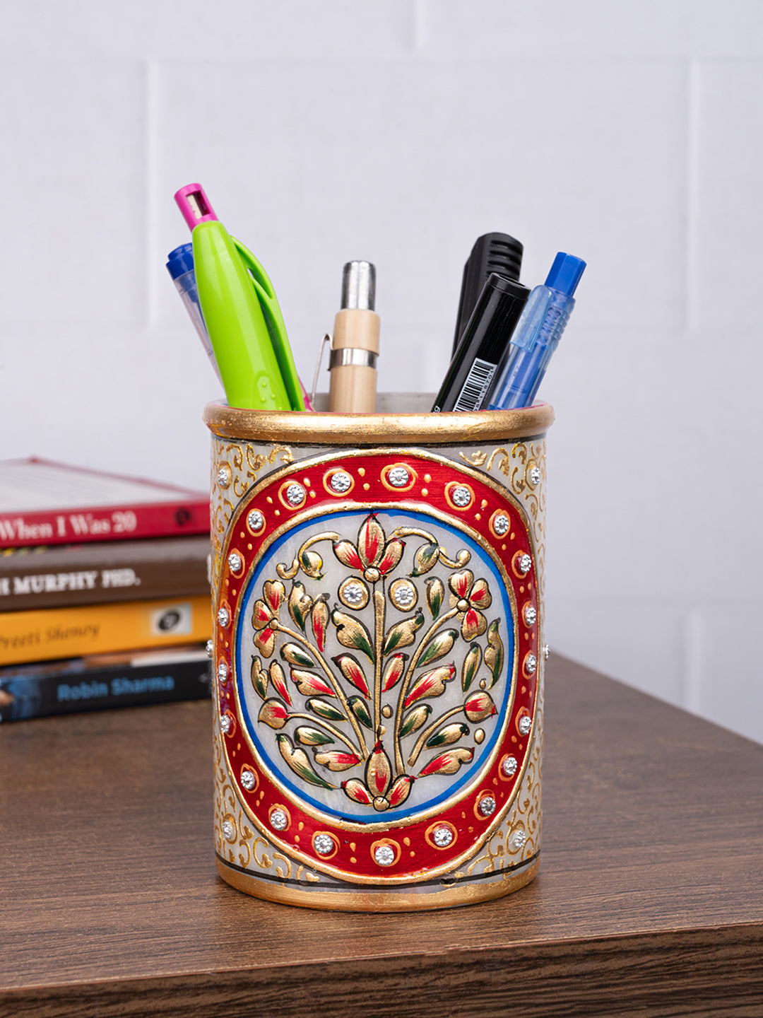 Marble meenakari colorful pen stand for home office - 4 inches