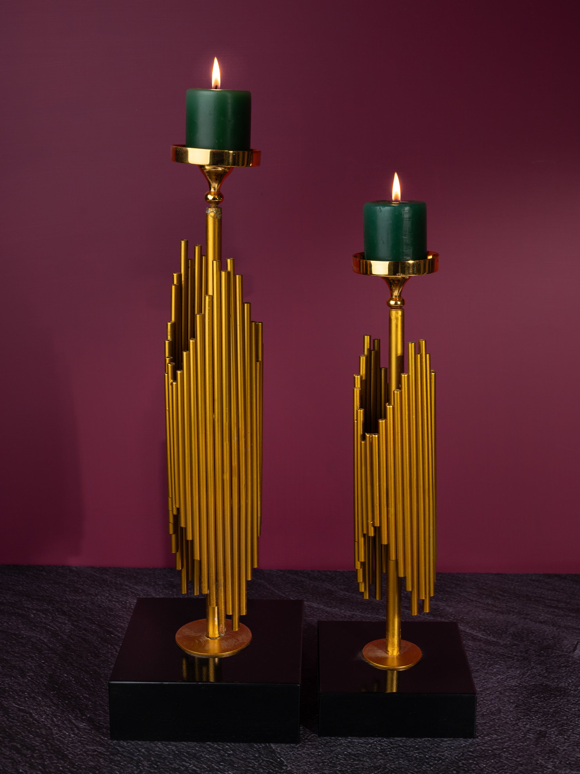 Metal Crafted Set of 2 Abstract Pipe Design Candle Holder - Gold