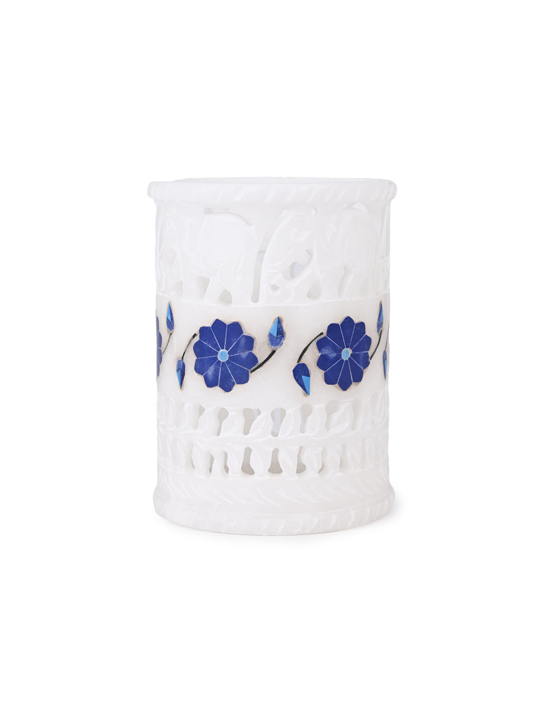 Marrble crafted blue flower inlay pen stand for home office - 4 inches