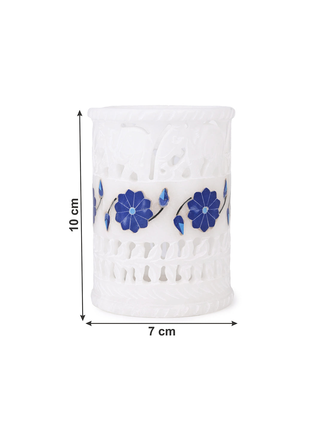 Marrble crafted blue flower inlay pen stand for home office - 4 inches