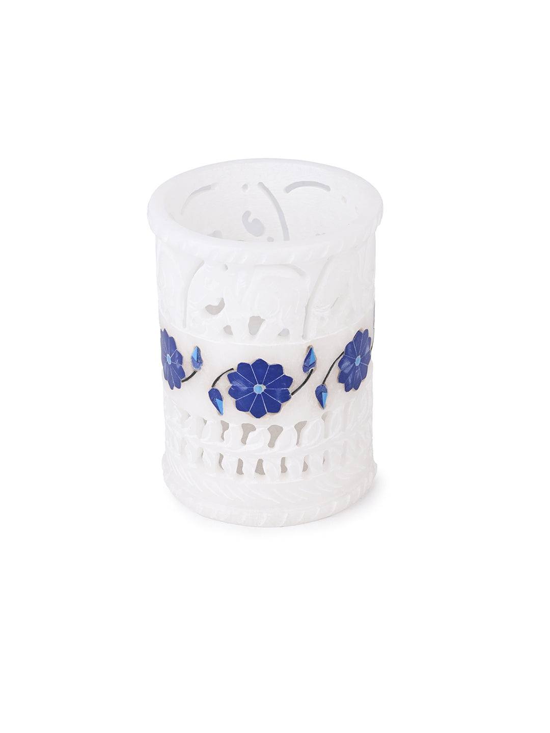 Marrble crafted blue flower inlay pen stand for home office - 4 inches