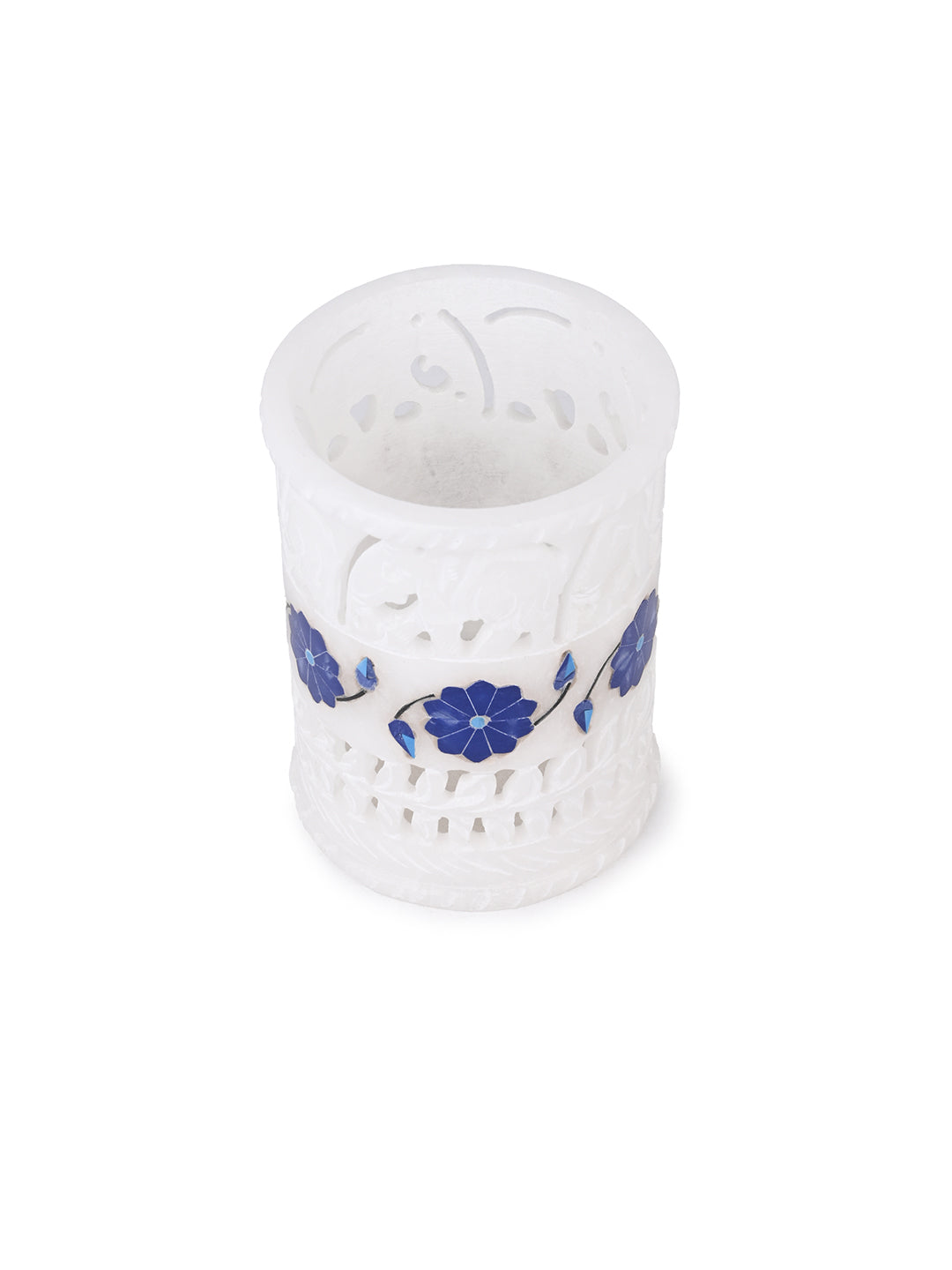 Marrble crafted blue flower inlay pen stand for home office - 4 inches