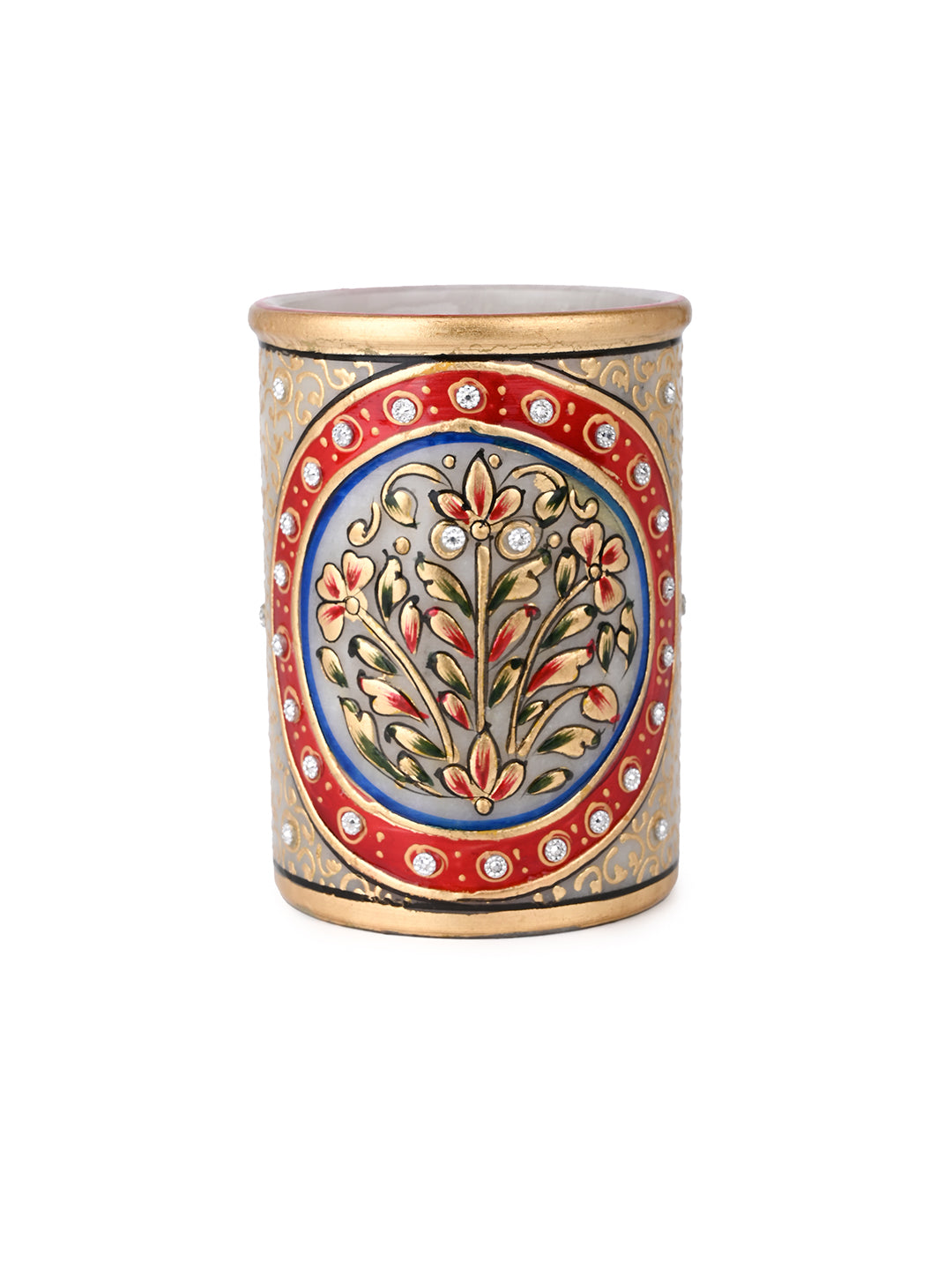Marble meenakari colorful pen stand for home office - 4 inches