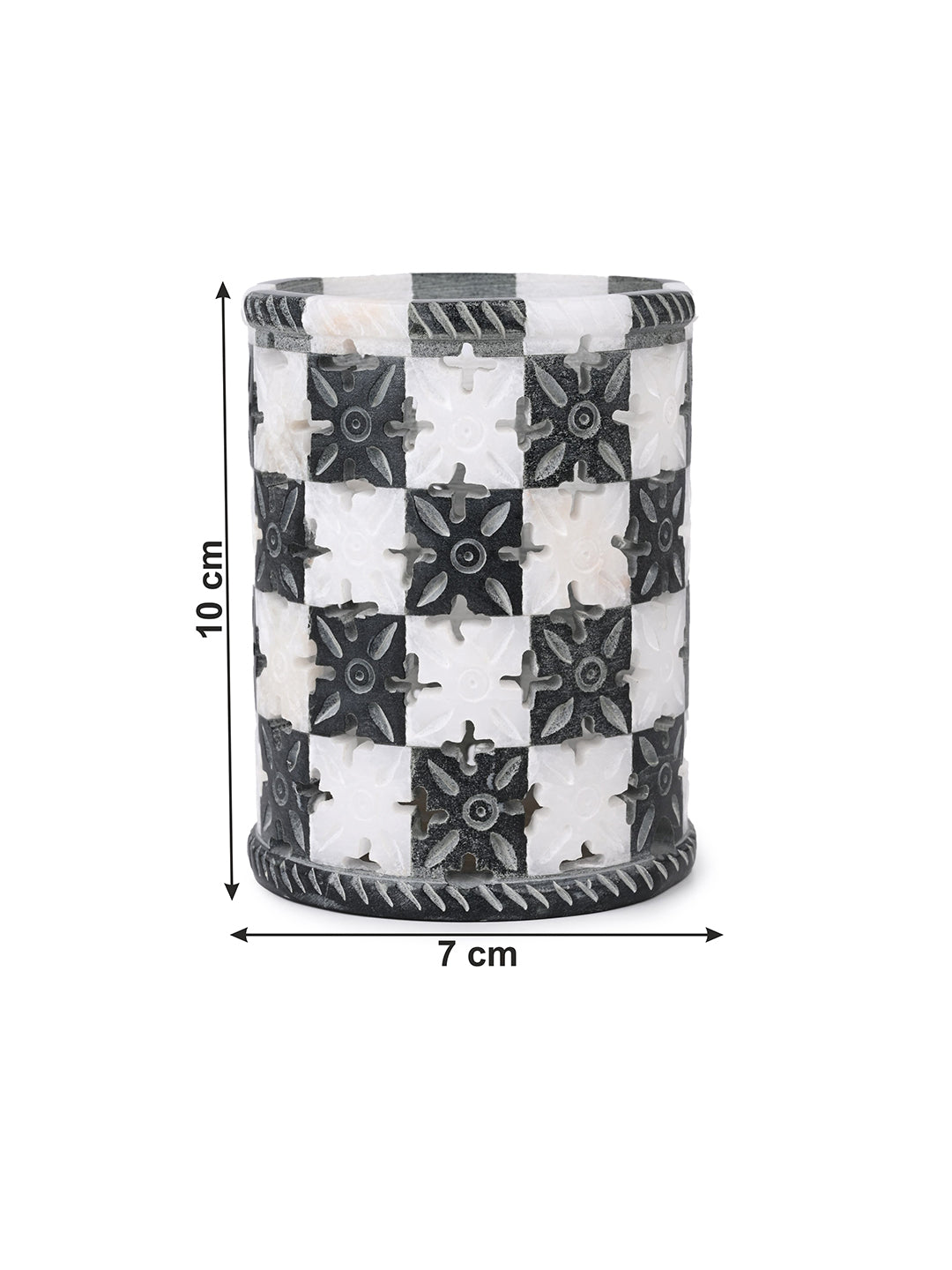 Marble crafted checkered pen stand for home office use - 4 inches