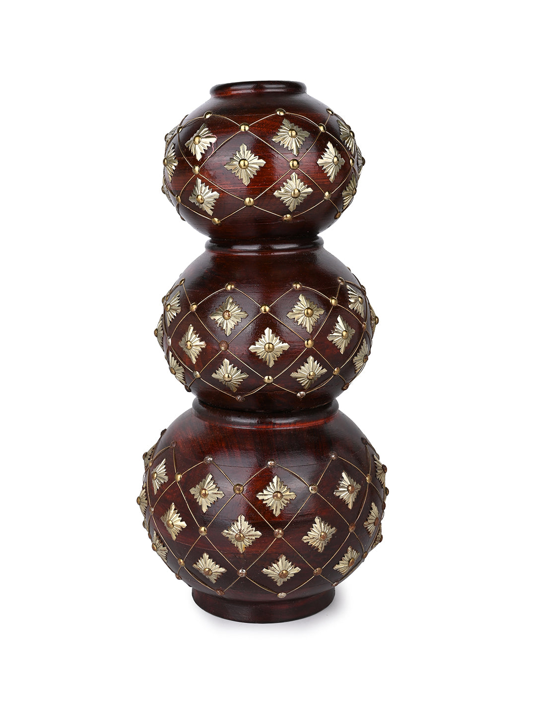 Sheesham wood crafted set of 3 handi / matka with brass work for home decor