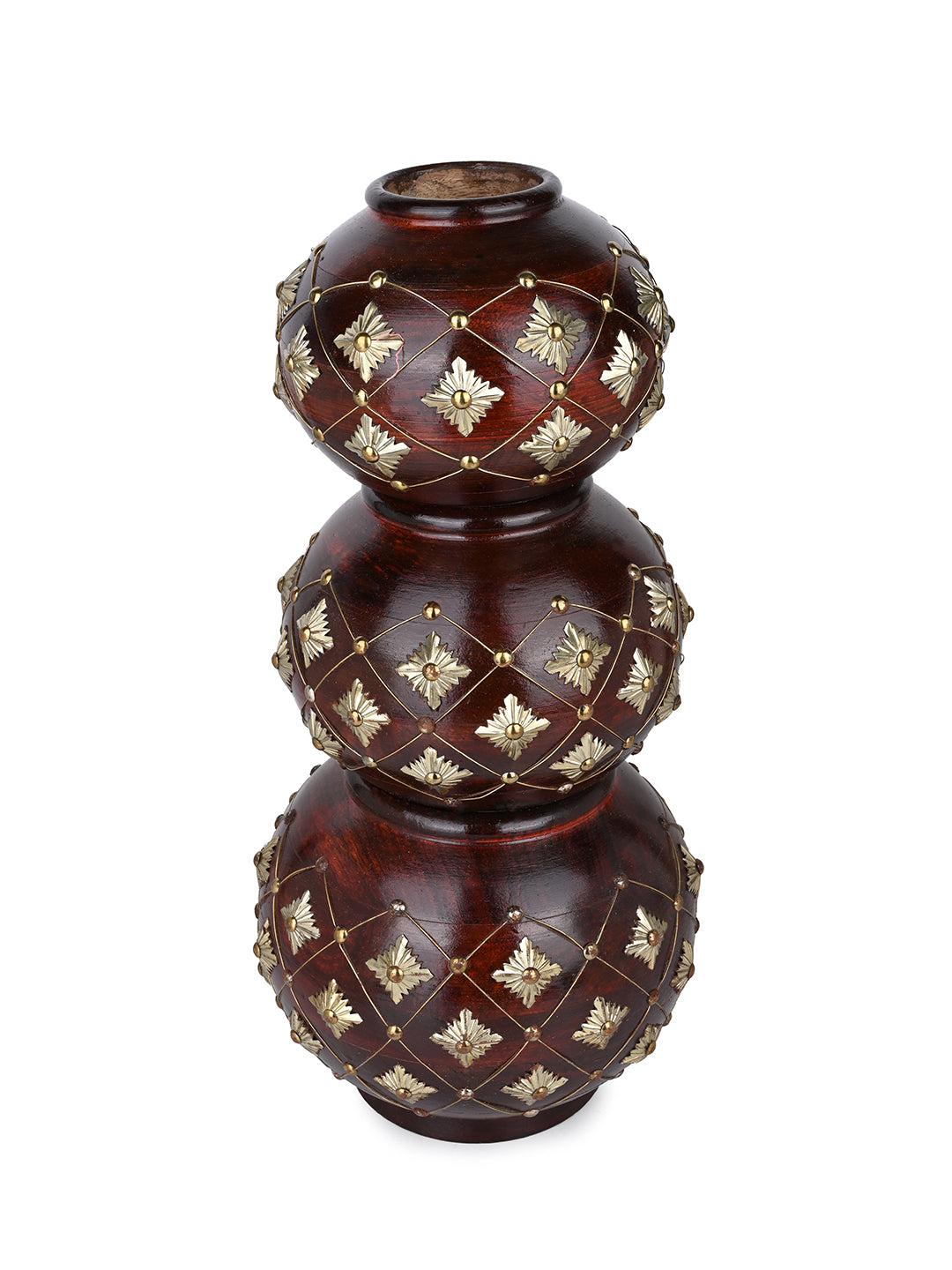 Sheesham wood crafted set of 3 handi / matka with brass work for home decor