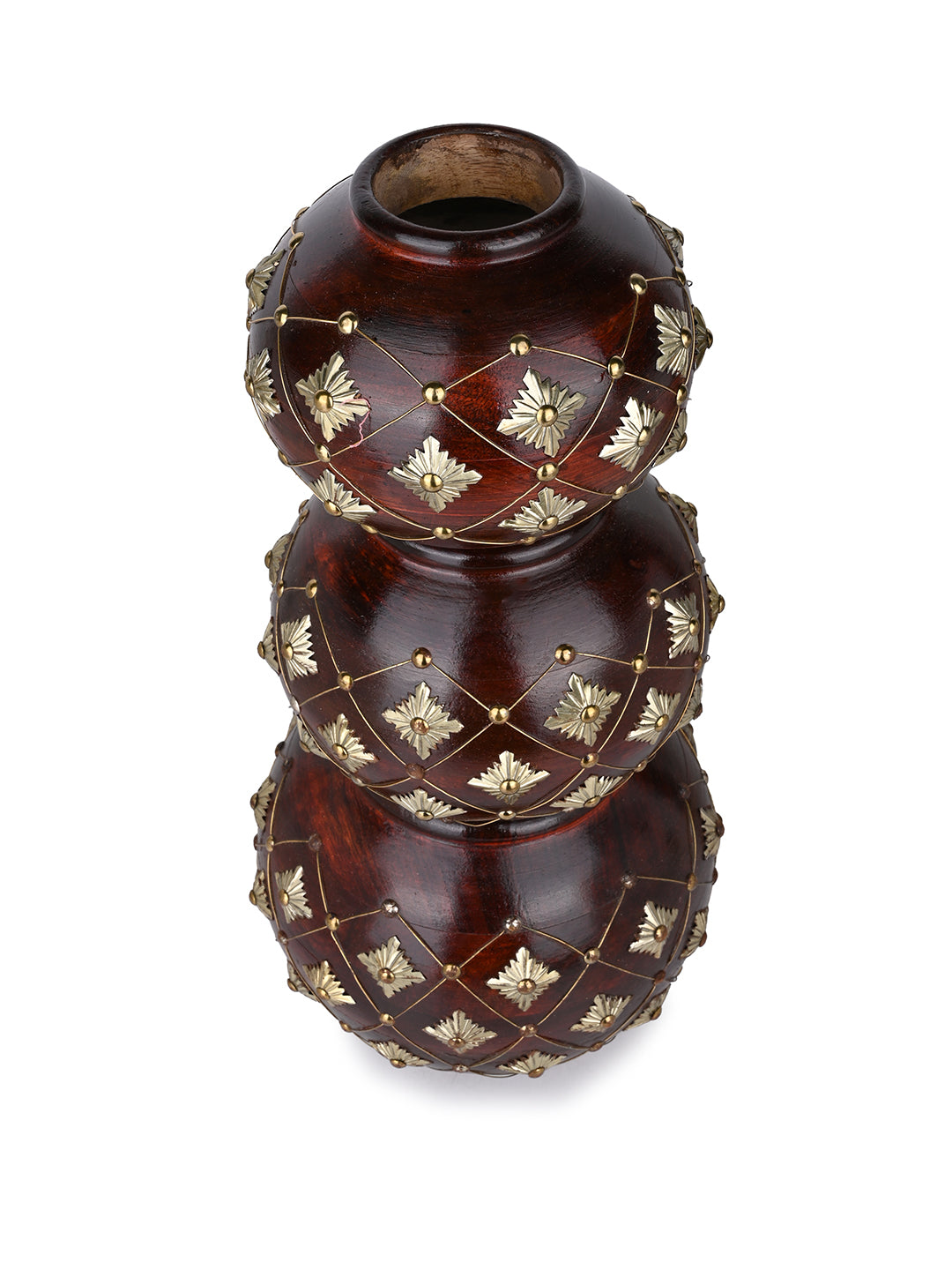Sheesham wood crafted set of 3 handi / matka with brass work for home decor
