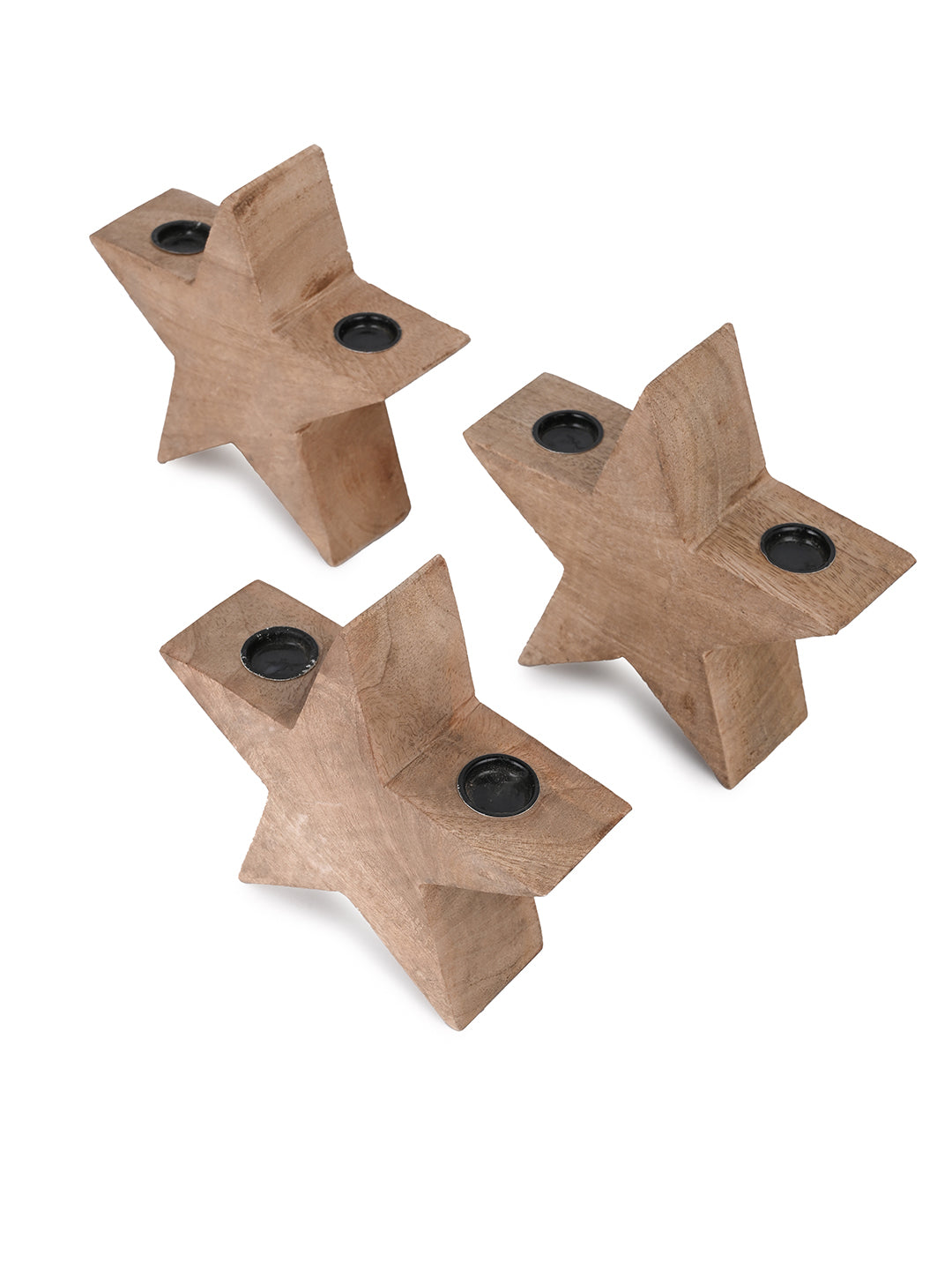 Wood crafted star shaped candle holder set of 3 pcs - 5 inches