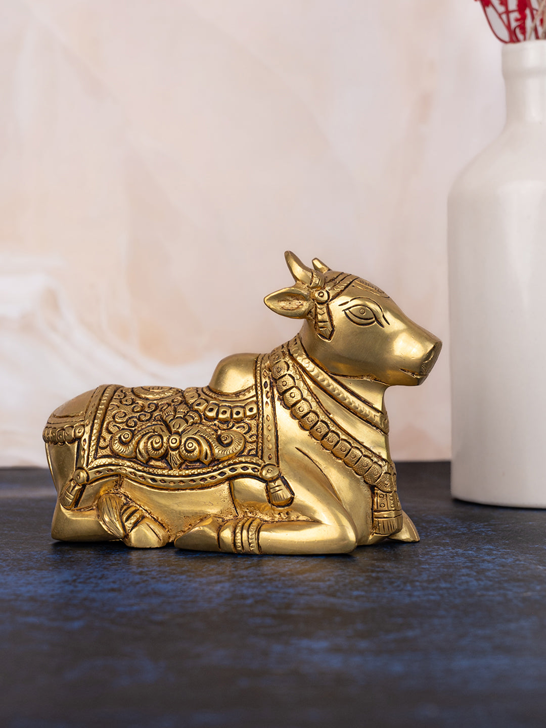 Brass crafted sitting nandi for home office puja room - 6 inches