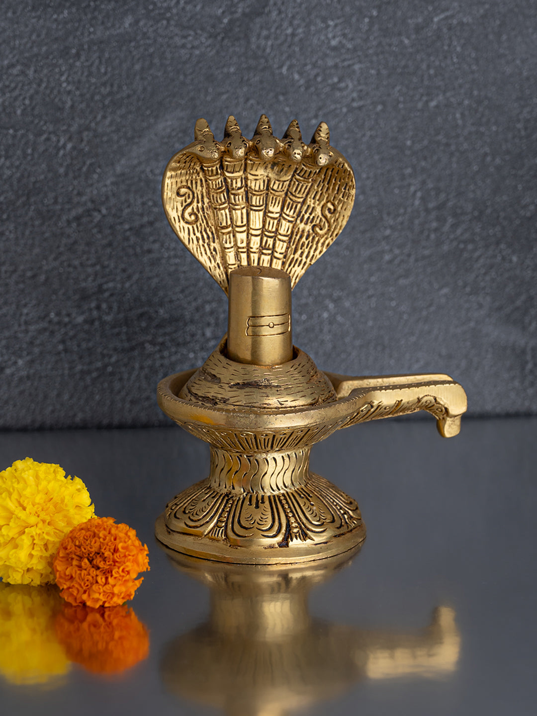 Brass crafted shivling with sheshnag for daily puja rituals - 6 inches