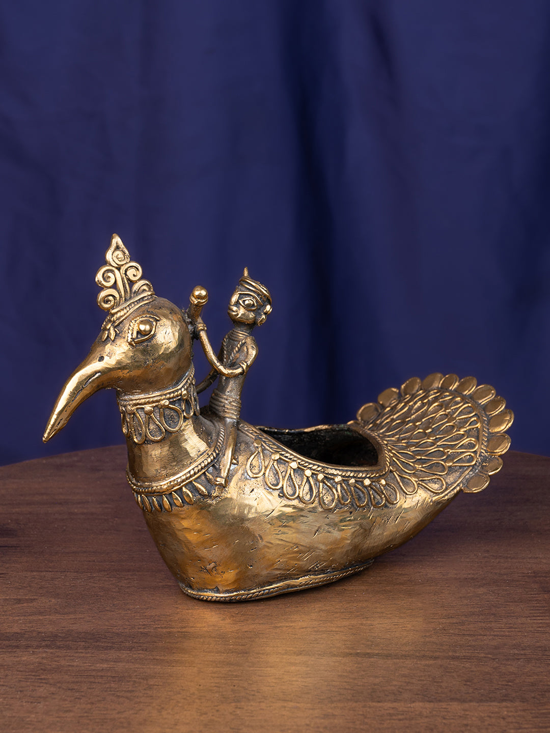 Dokra art peacock boat home office table decor - 8 inches