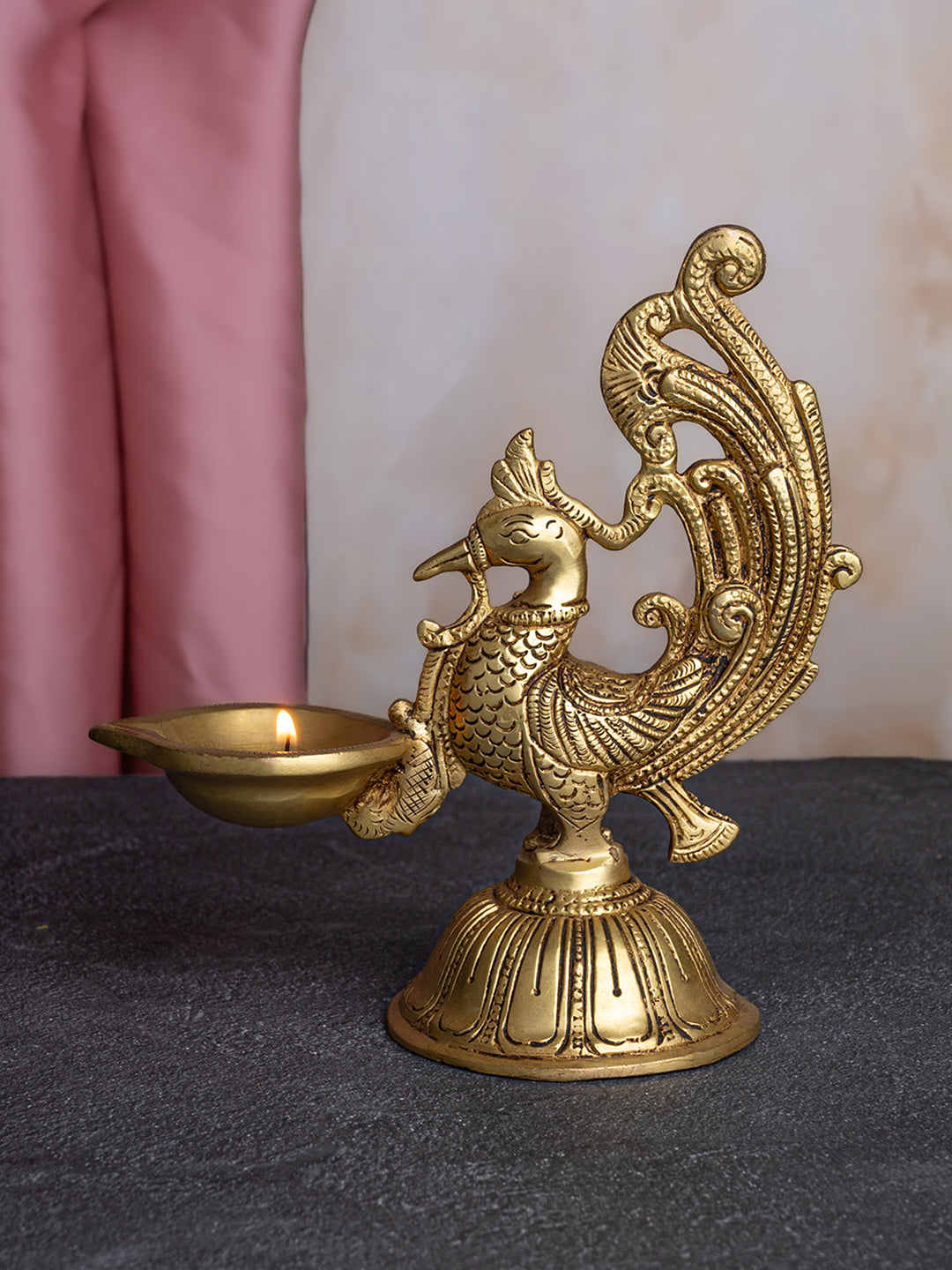 Brass crafted peacock diya for the puja place at your home - 8 inches