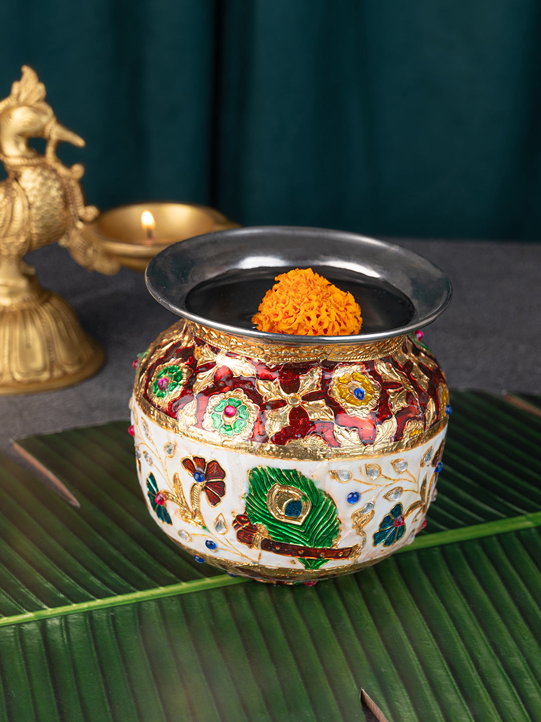 Stainless steel small lota / kalash with colorful meenakari work - 5 inches