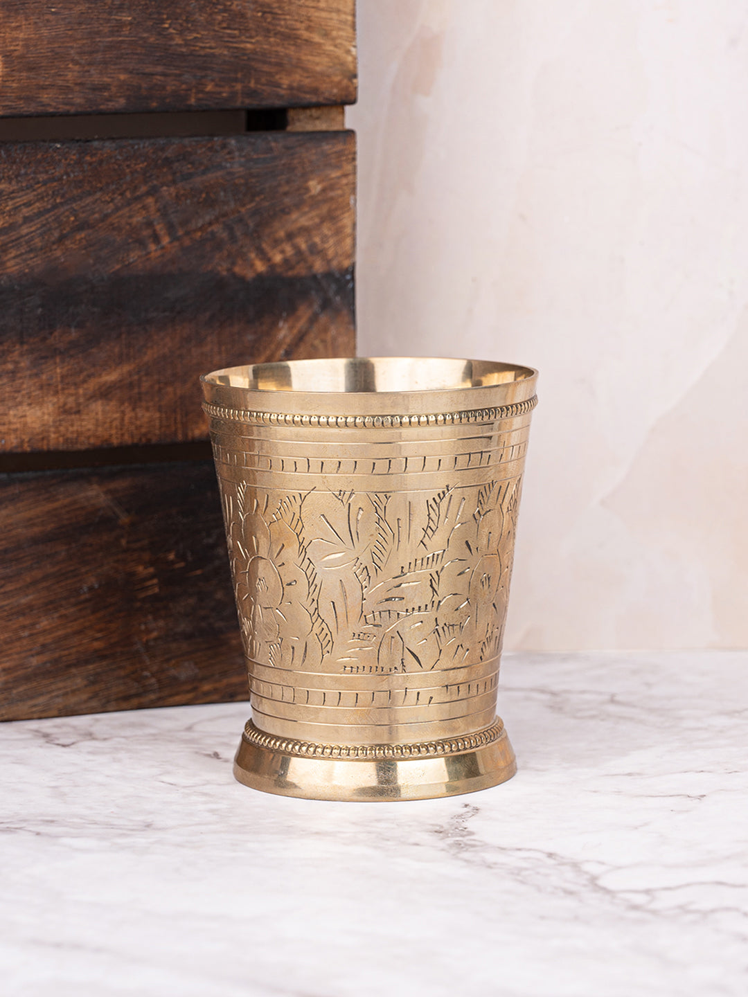 Brass crafted tumbler with beautiful etching work for daily use - 4 inches