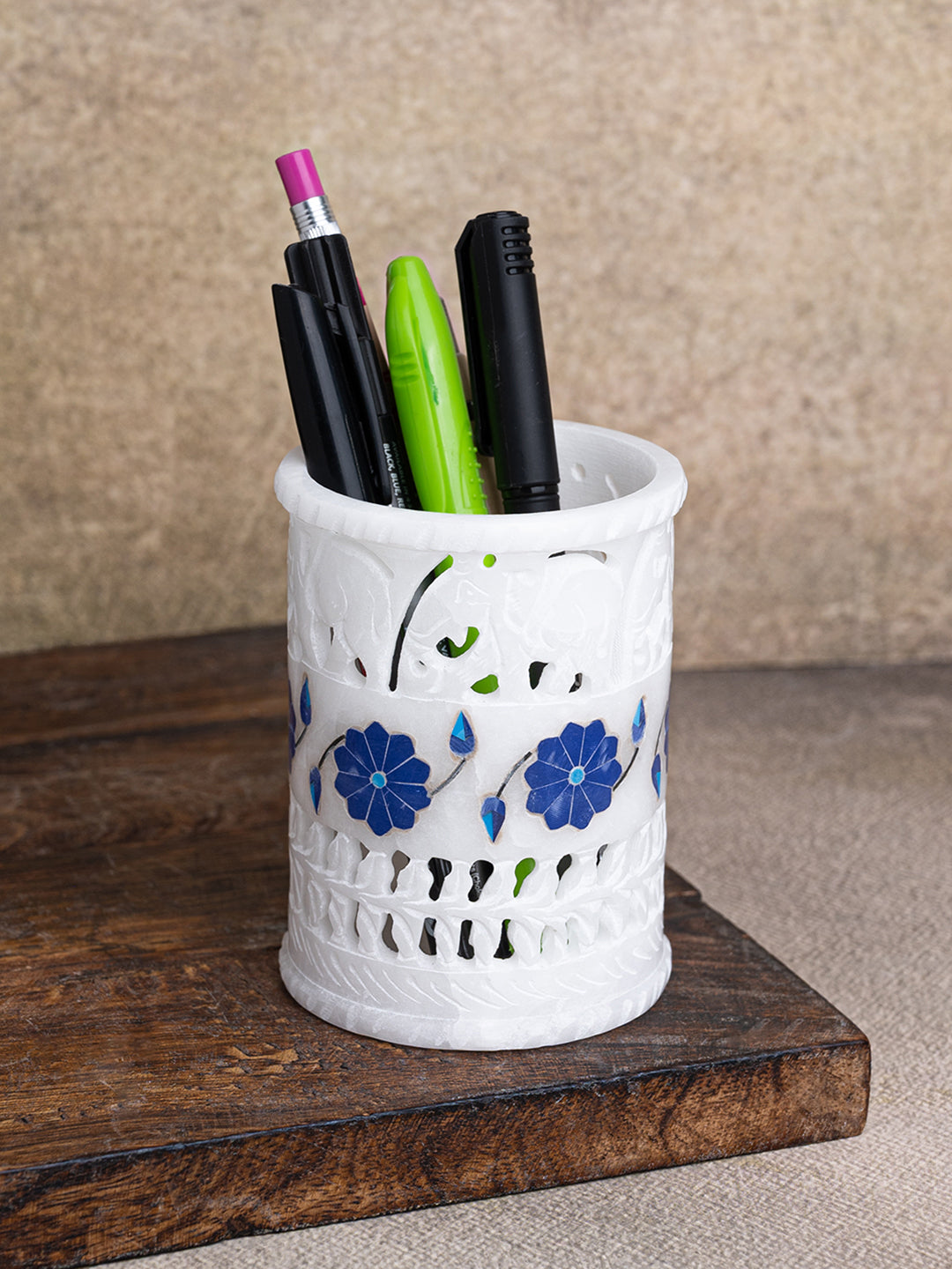 Marrble crafted blue flower inlay pen stand for home office - 4 inches