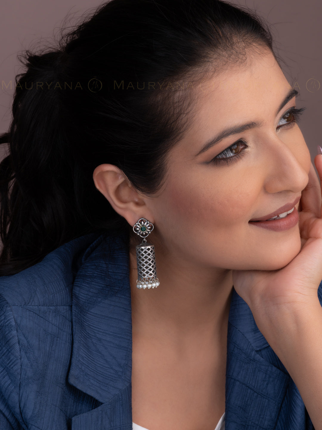 MAURYANA - Oxidised silver hanging cylindrical design pair of earrings