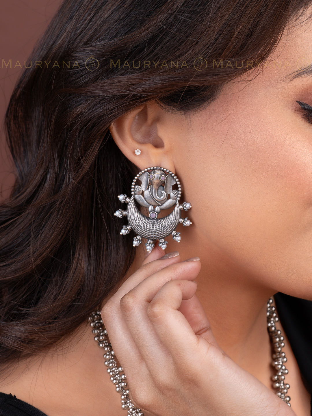 MAURYANA - Oxidised silver lord ganesha design pair of earrings