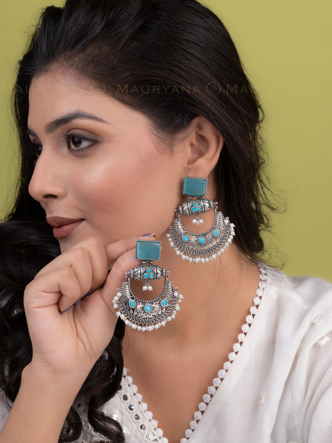 MAURYANA - Oxidised silver and blue stone studded royal pair of earrings