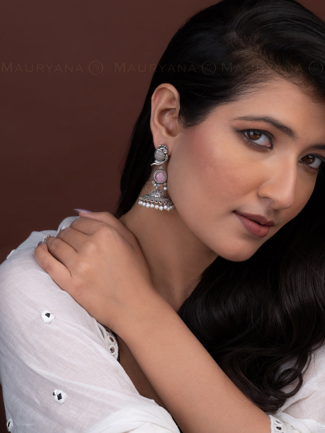 MAURYANA - Oxidised silver pink stone pair of jhumka earrings - 2.5 inches