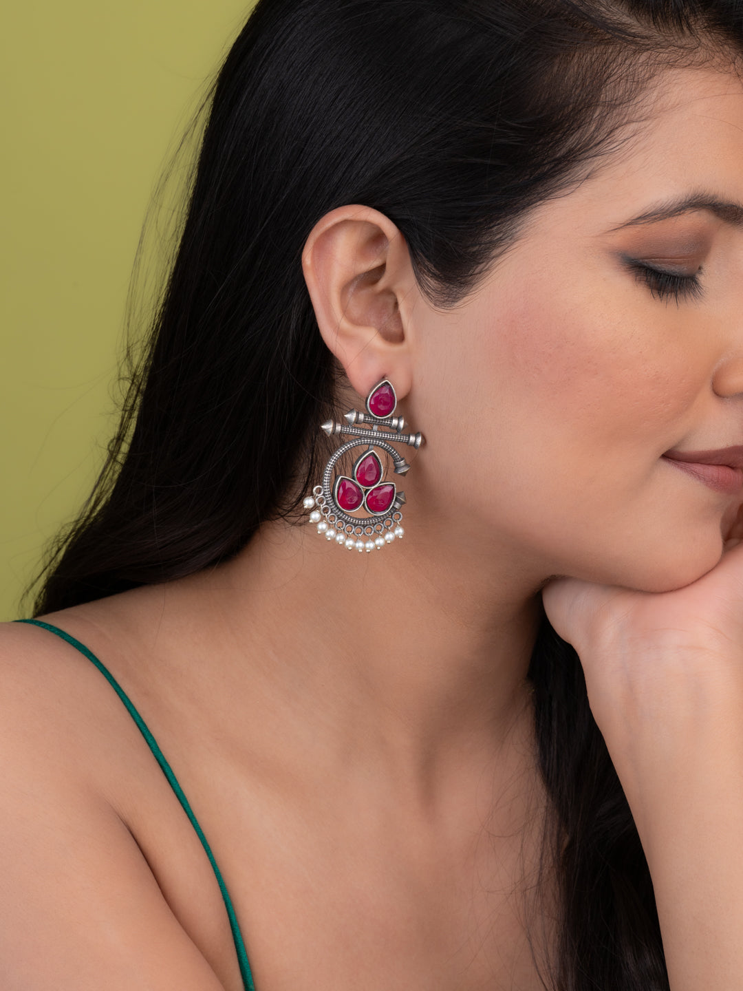 MAURYANA - Oxidised silver assorted color stone studded pair of earrings