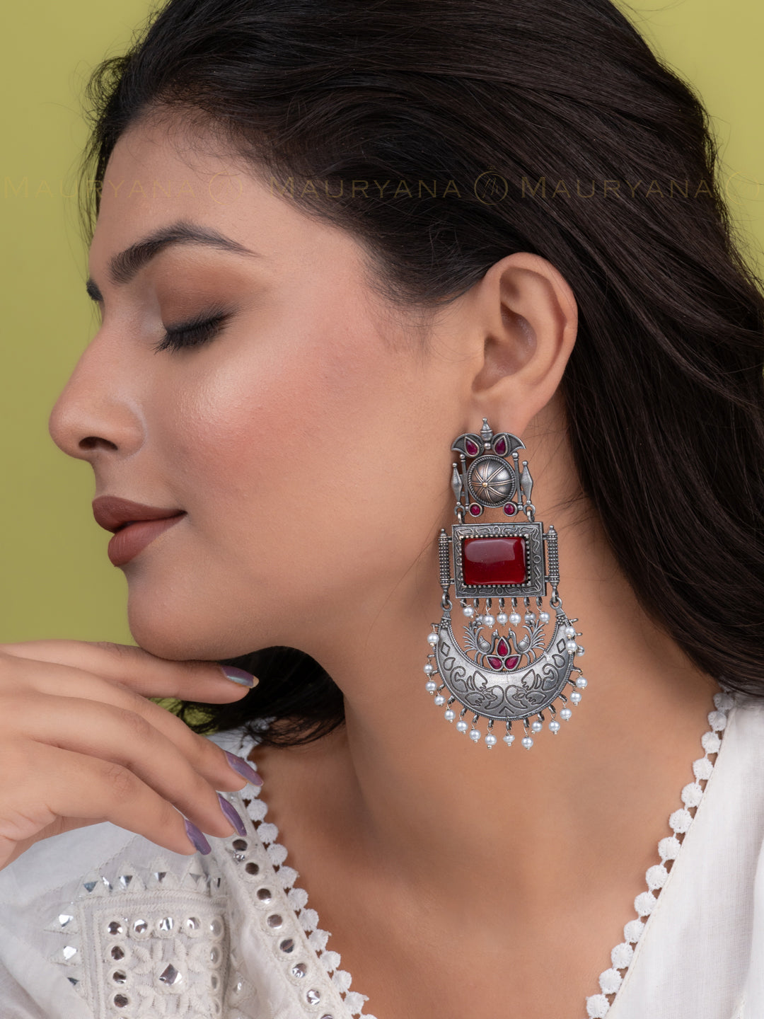 MAURYANA - Oxidised silver with red stone design pair of earrings - 4 inches